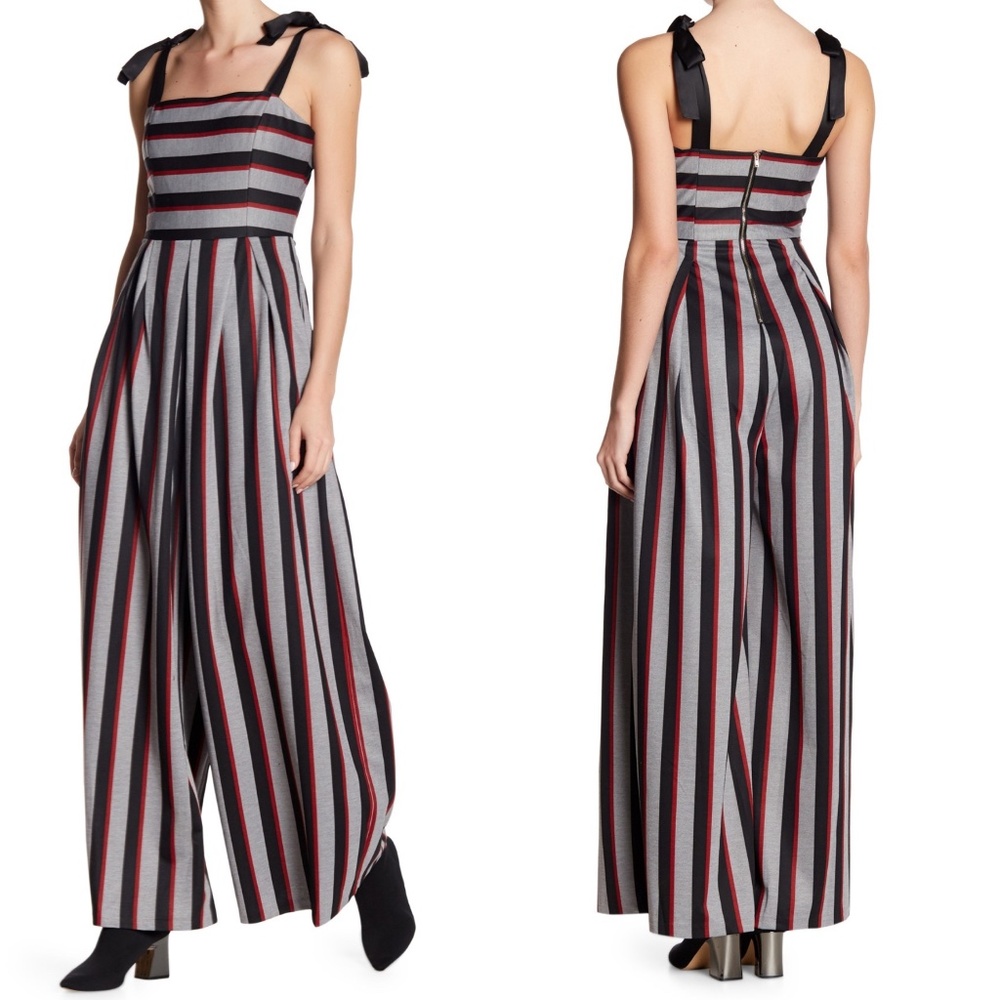 NEW GRACIA Gray Black & Red STRIPE PLEATED Sleeveless WIDE LEG Pocket JUMPSUIT S